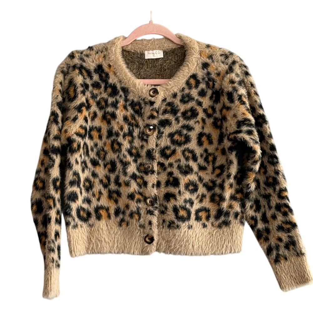 Leopard Fuzzy Cardigan Animal Print Button Front Sweater Hailey Co NWOT Womens S